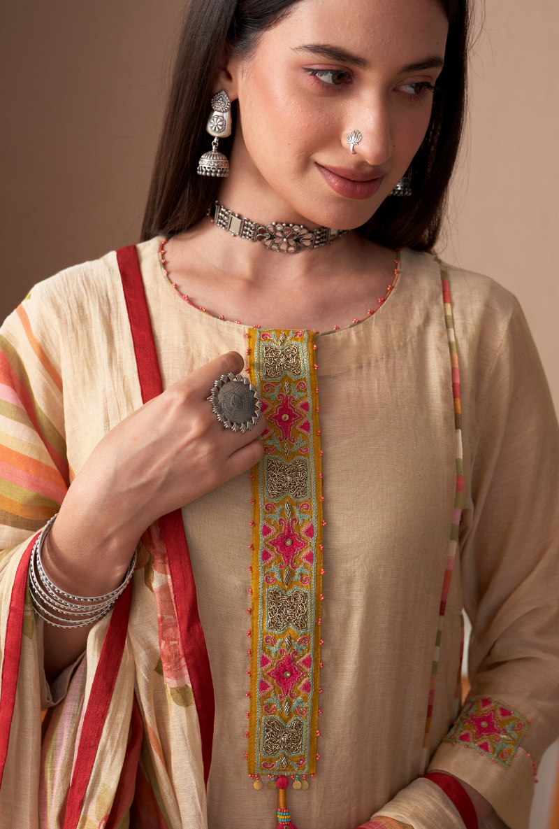 Ivory Embroidered Placket Bageecha Anarkali Set
