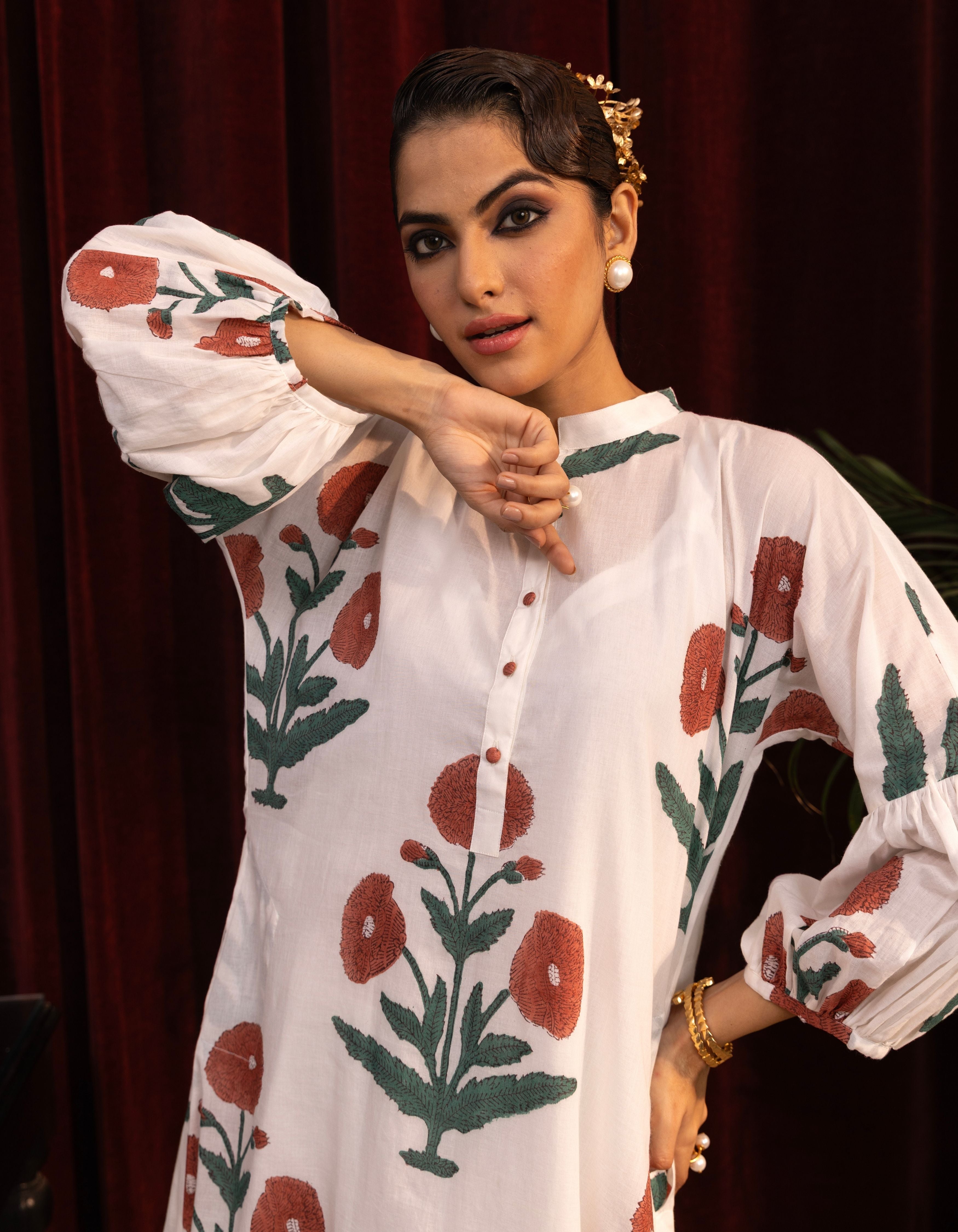 White Mughal Print Balloon Sleeve Mogra Kurta Set