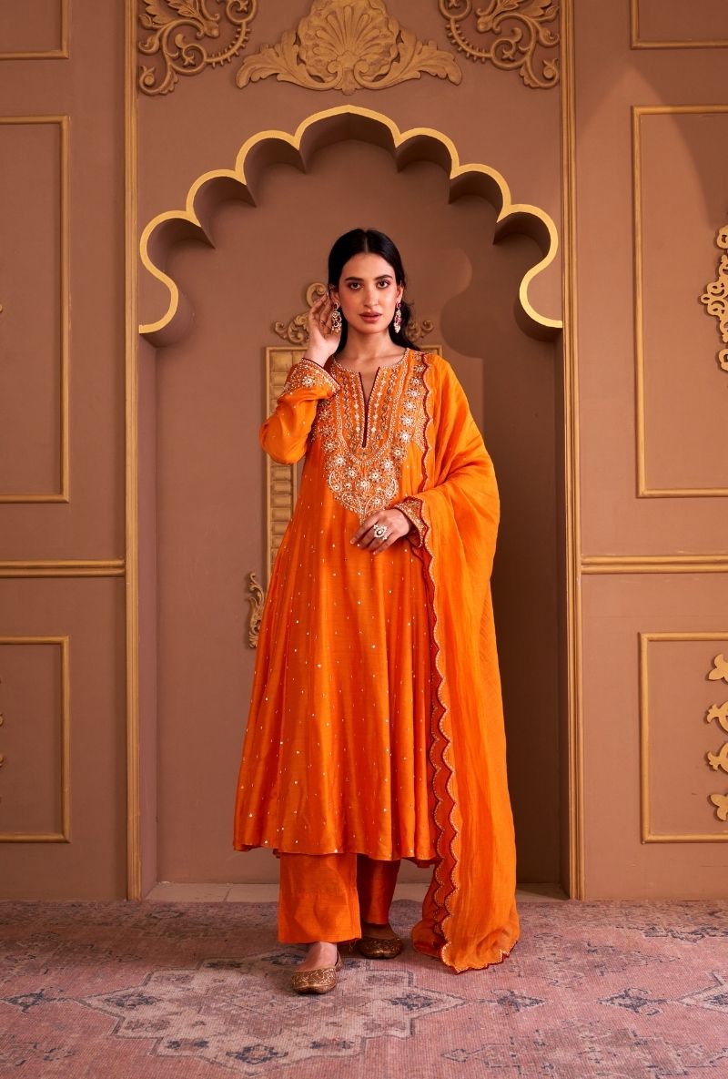 Mustard Heavy Yoke Rasia Kurta Set