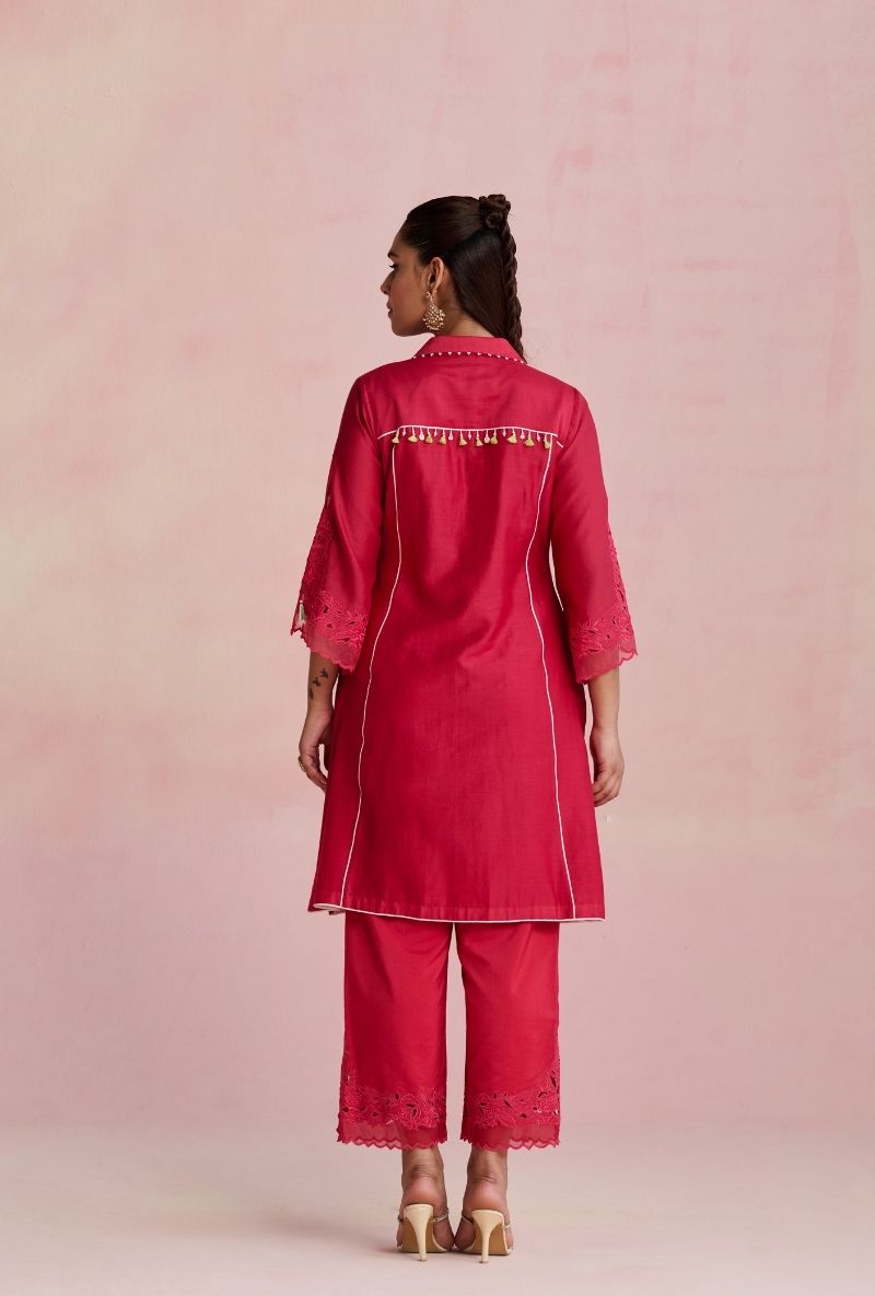 Raspberry Pink Collar Motif Yoke Amara Kurta Set
