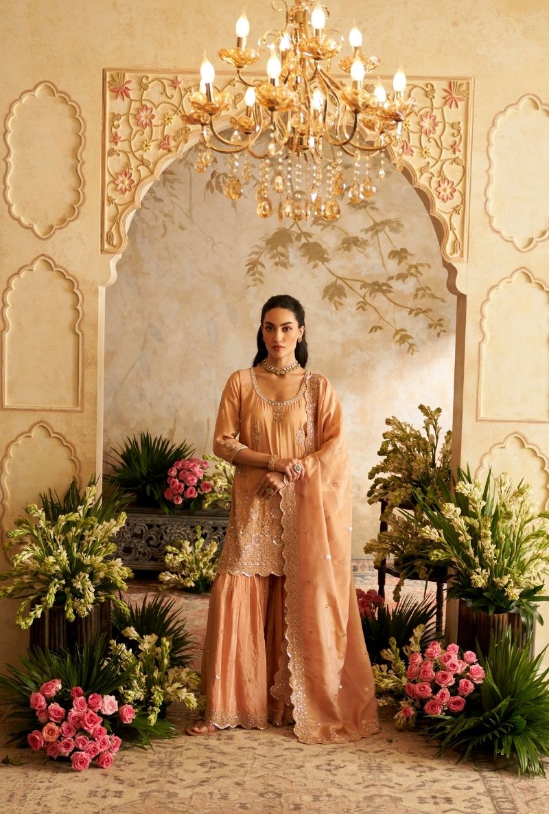 Baby Pink Scallop Edges Rumi Gharara Set