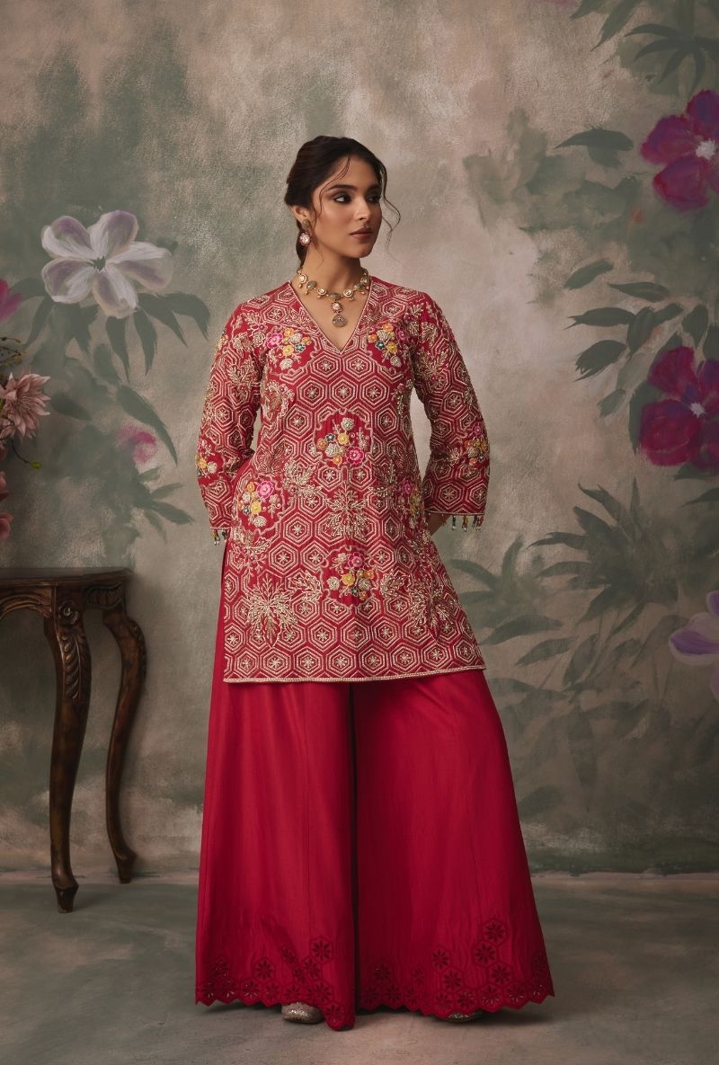 Red Heavy Embroidered Kurta Jalsa Sharara Set