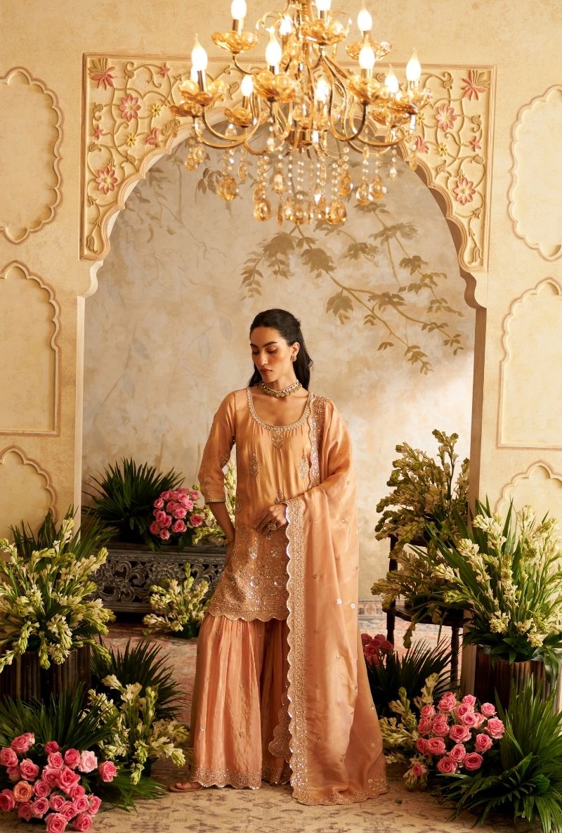 Baby Pink Scallop Edges Rumi Gharara Set