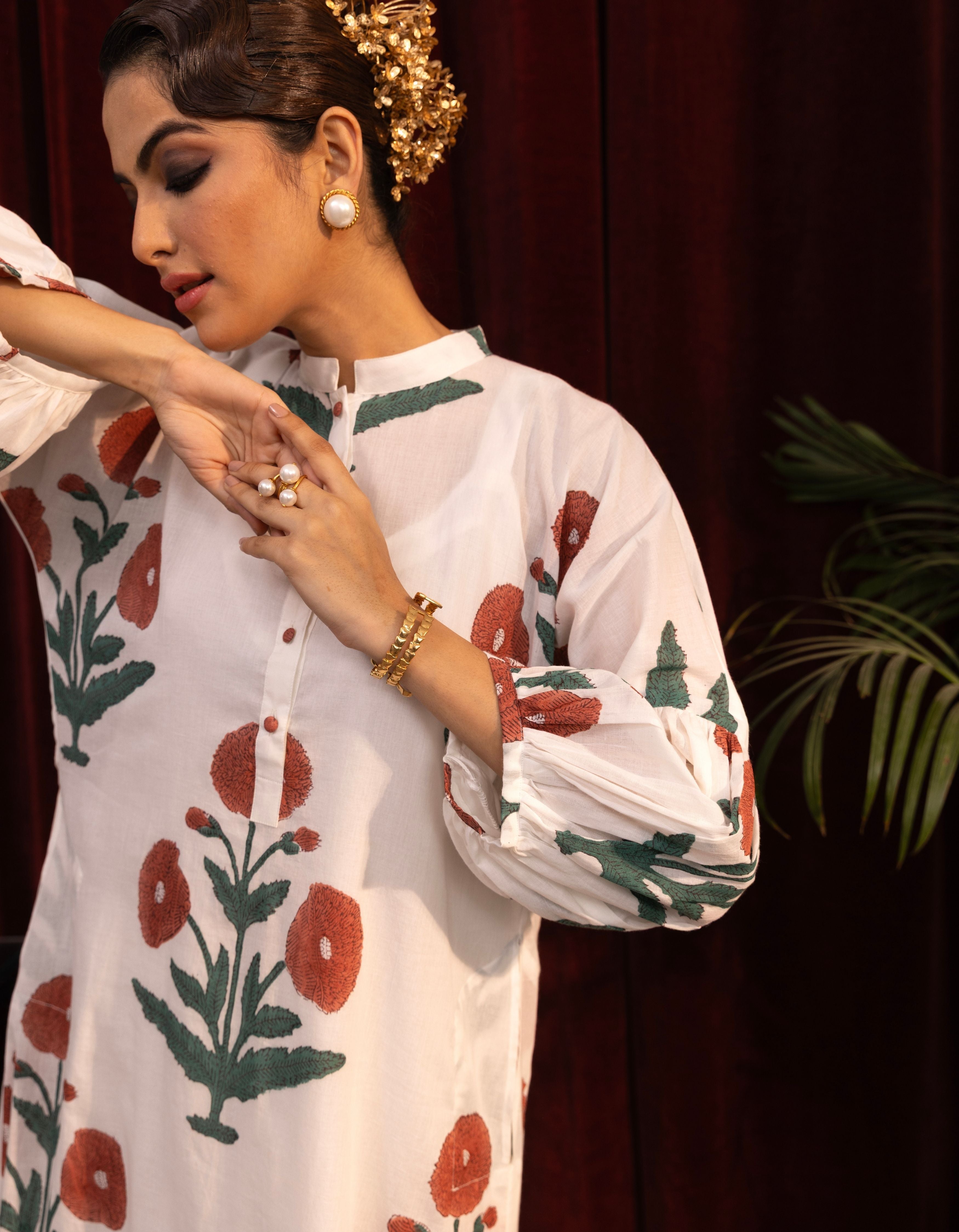 White Mughal Print Balloon Sleeve Mogra Kurta Set