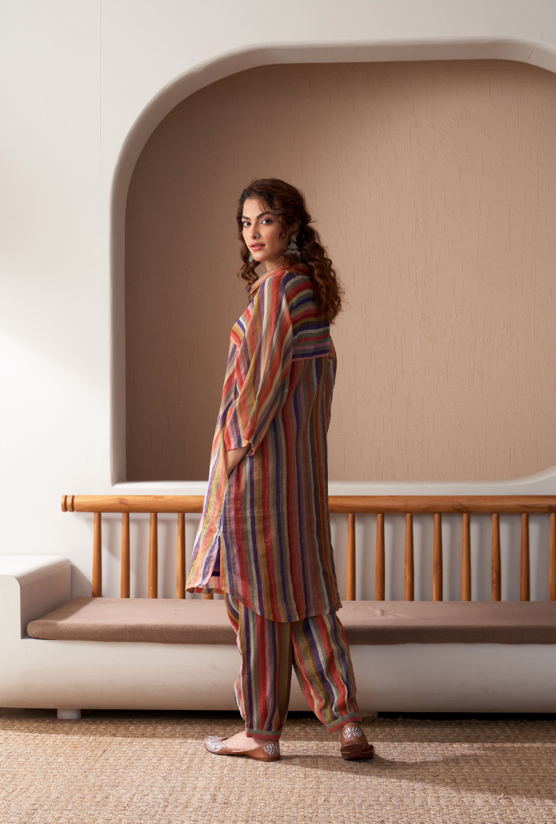 Purple Anti Fit Stripe Bageecha Kurta Set