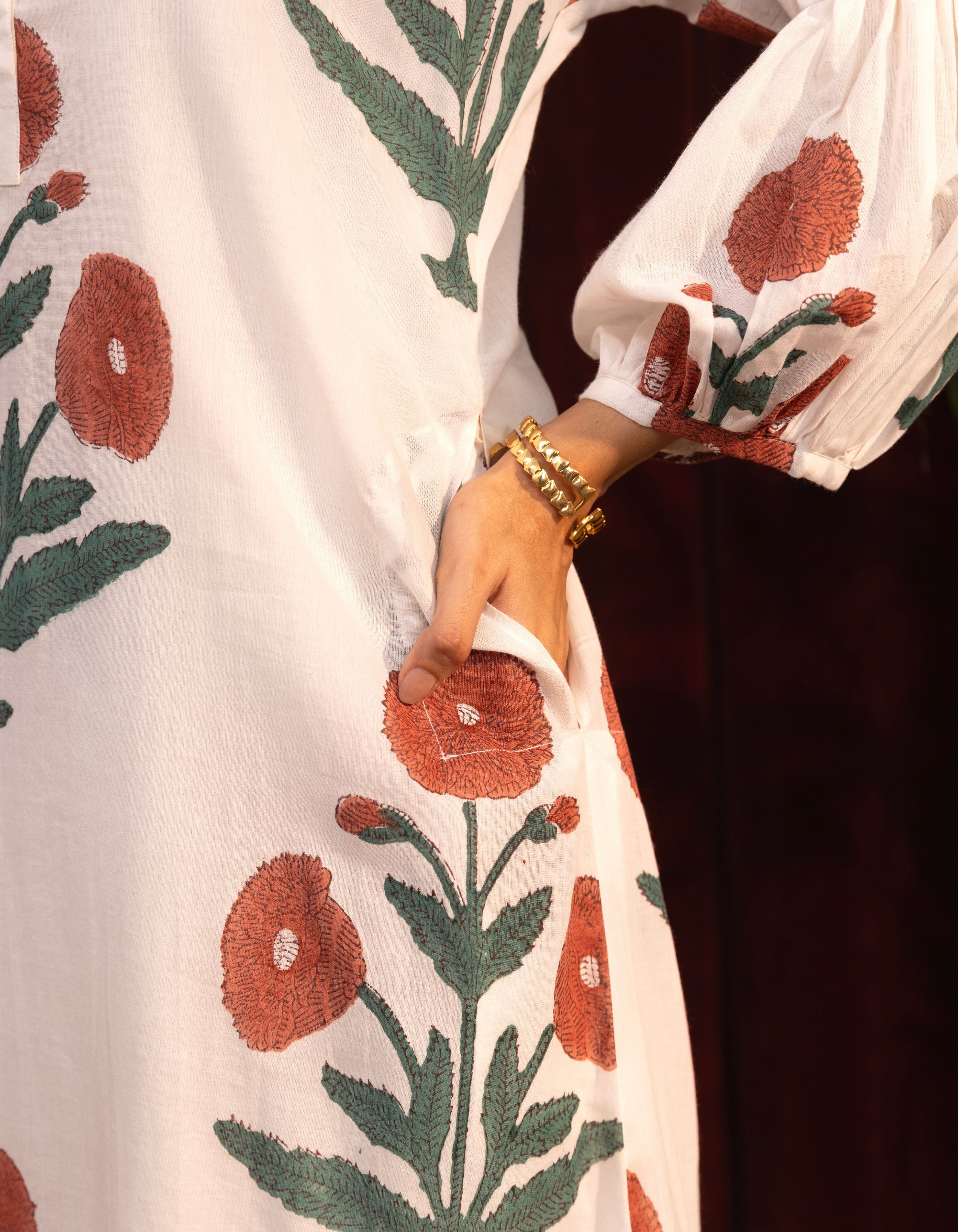 White Mughal Print Balloon Sleeve Mogra Kurta Set