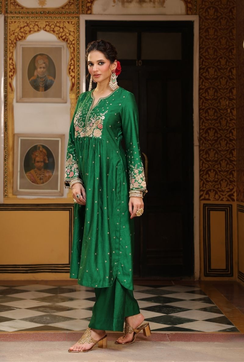 Green Mayur Applique Frockstyle Mehfil Kurta Set