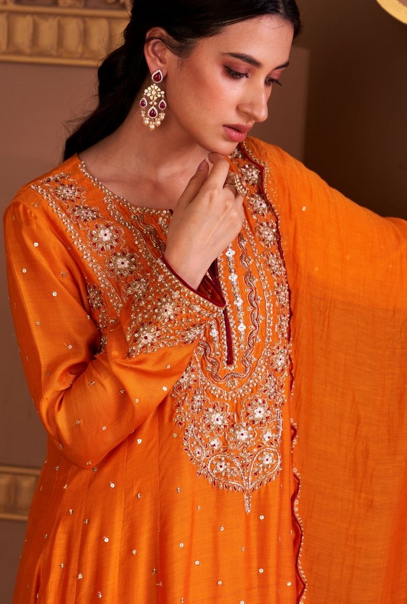 Mustard Heavy Yoke Rasia Kurta Set