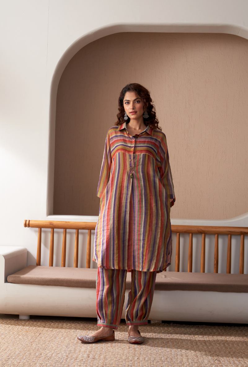 Purple Anti Fit Stripe Bageecha Kurta Set