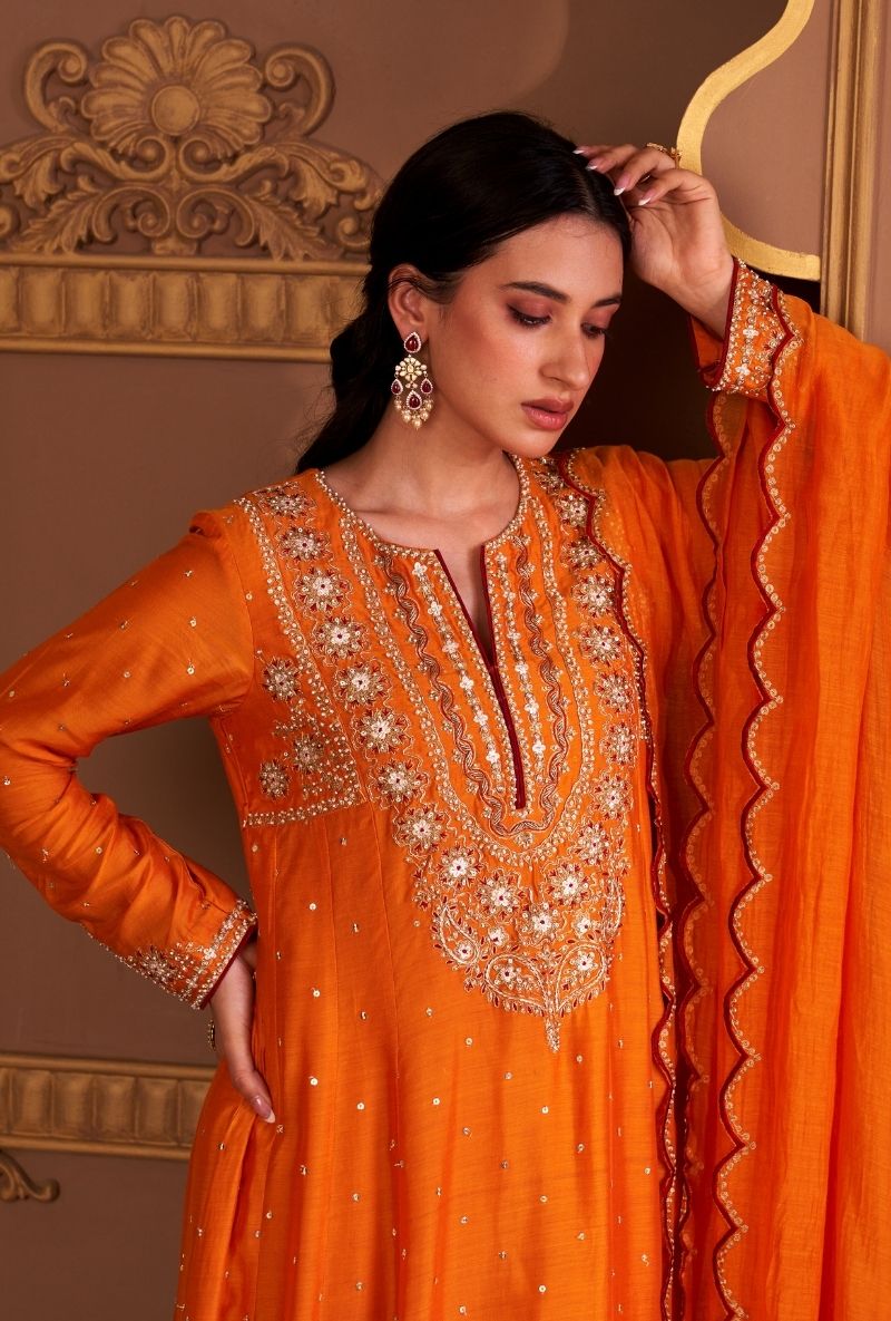 Mustard Heavy Yoke Rasia Kurta Set