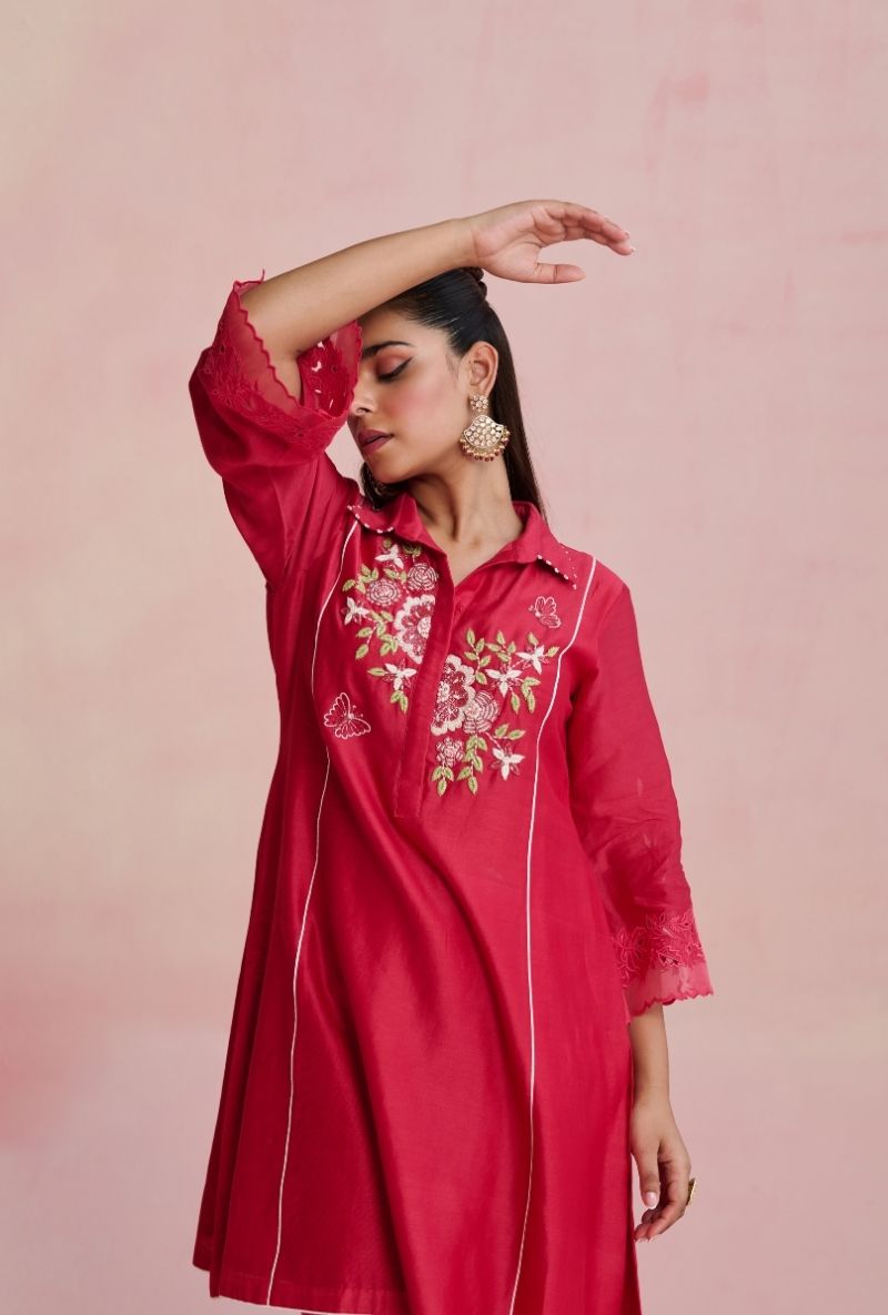 Raspberry Pink Collar Motif Yoke Amara Kurta Set