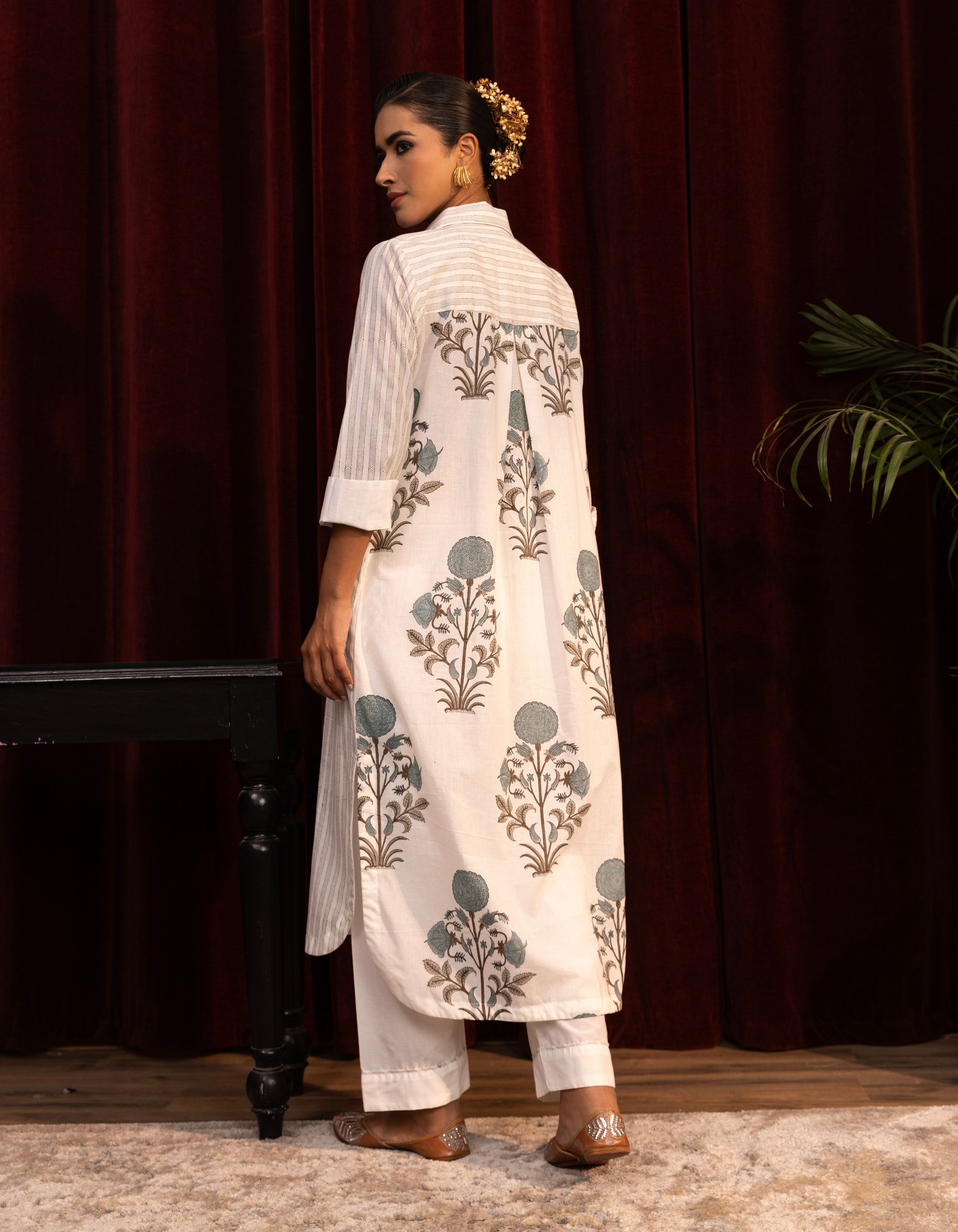 White Mughal Block Print Mogra Kurta Set