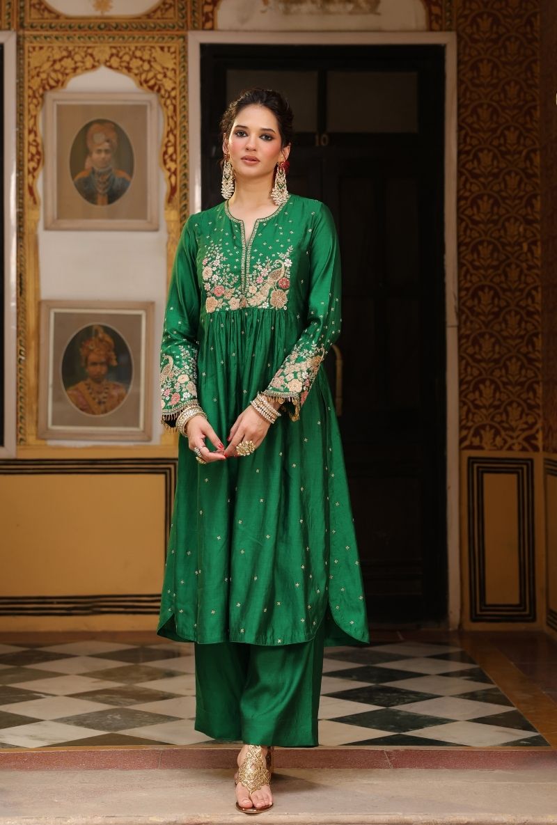 Green Mayur Applique Frockstyle Mehfil Kurta Set