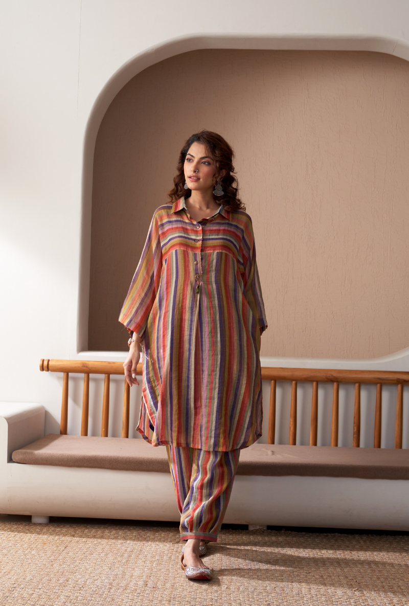 Purple Anti Fit Stripe Bageecha Kurta Set