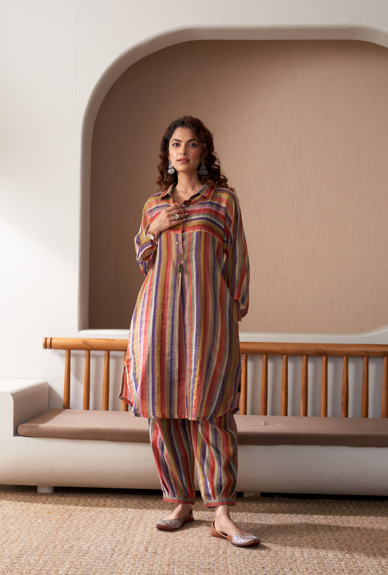 Purple Anti Fit Stripe Bageecha Kurta Set