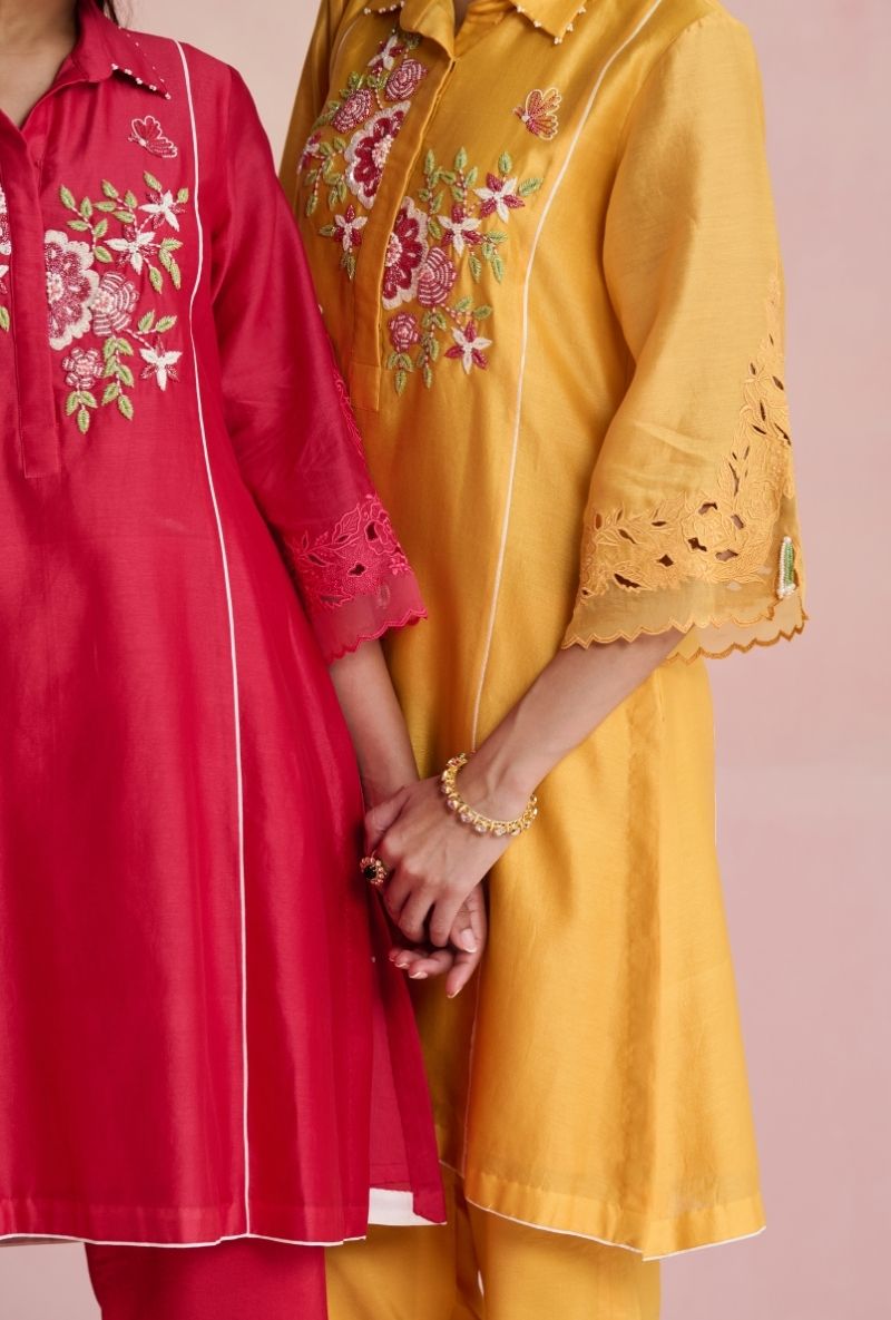 Yellow Collar Motif Yoke Amara Kurta Set