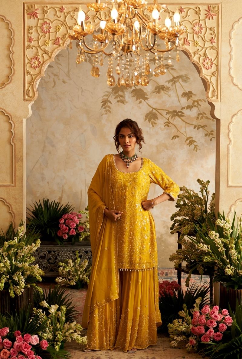 Mustard Pearl Embroidery Rumi Gharara Set