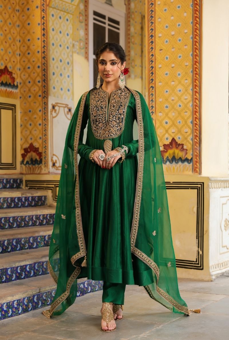 Green Heavy Yoke Mehfil Anarkali Set