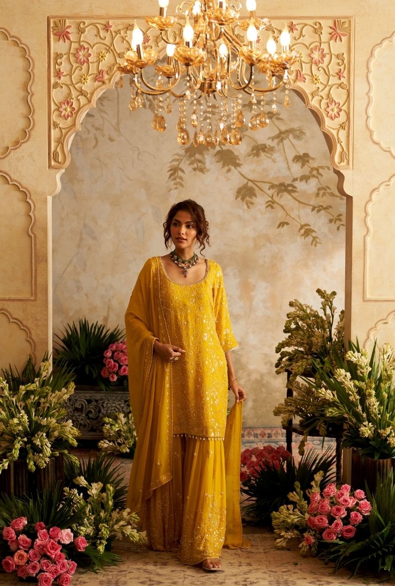 Mustard Pearl Embroidery Rumi Gharara Set