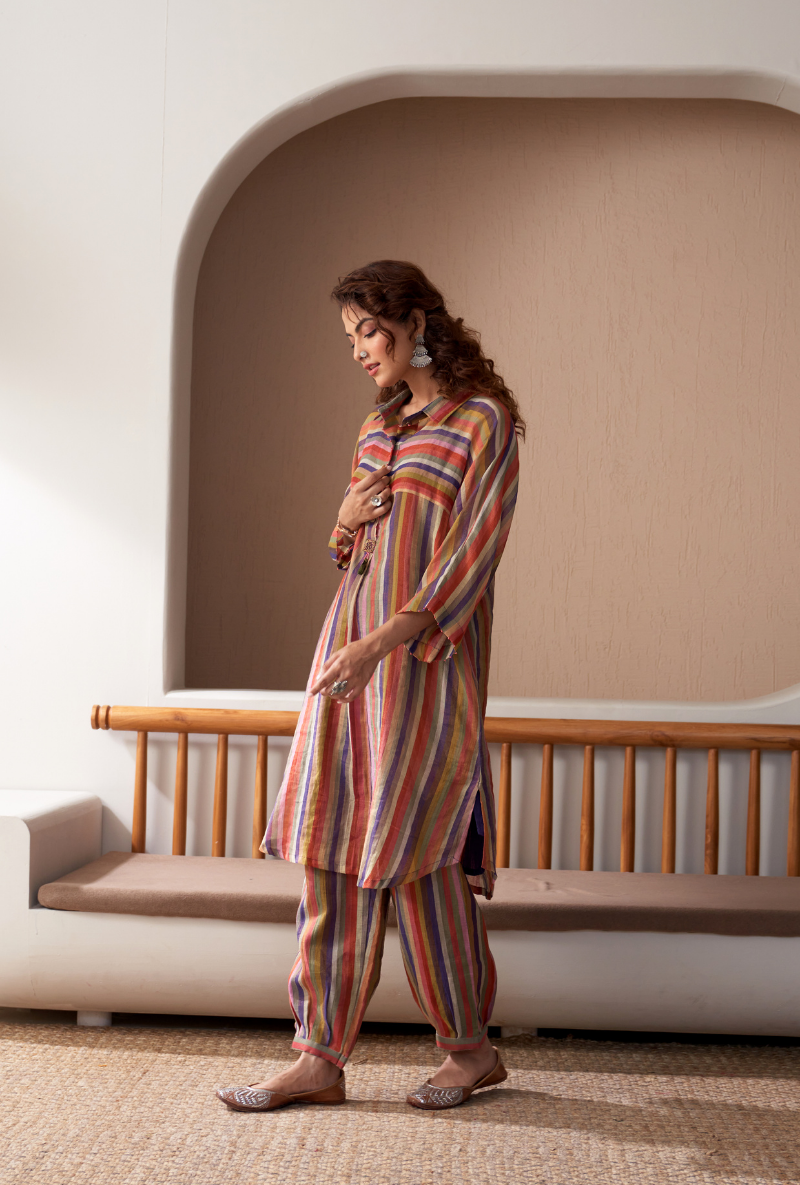 Purple Anti Fit Stripe Bageecha Kurta Set