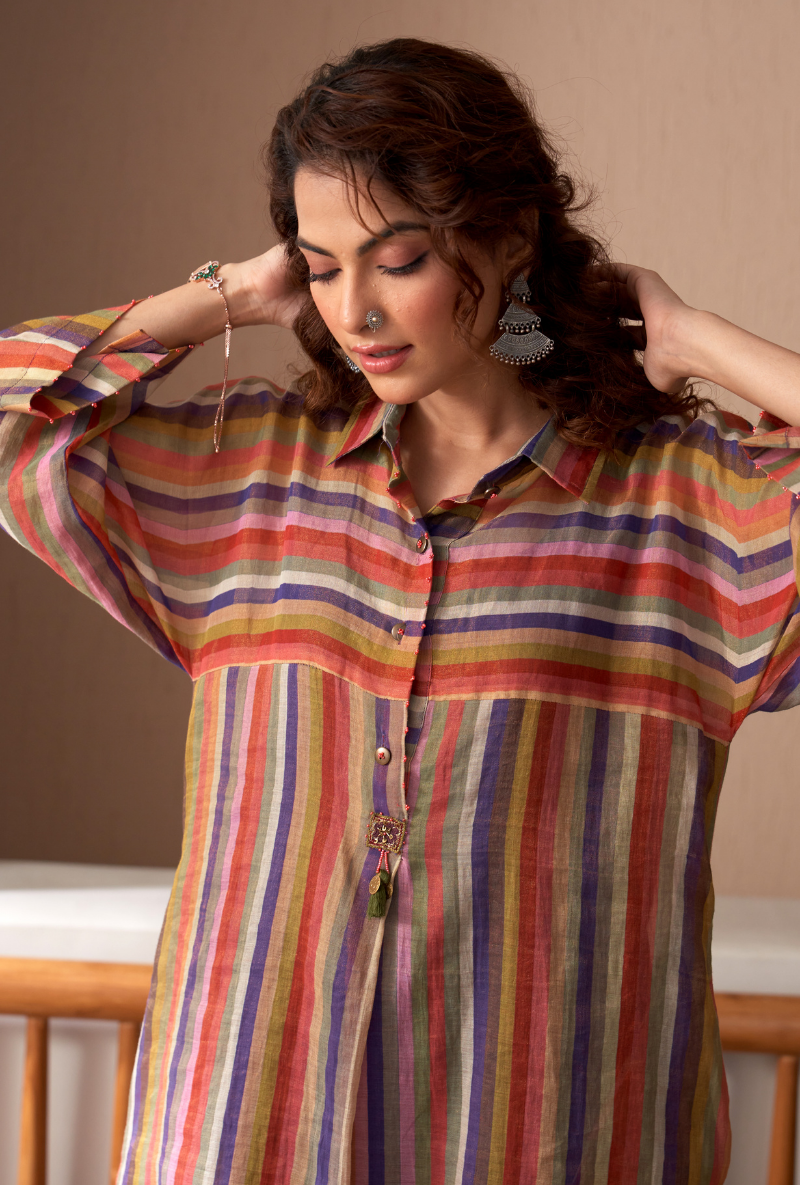 Purple Anti Fit Stripe Bageecha Kurta Set