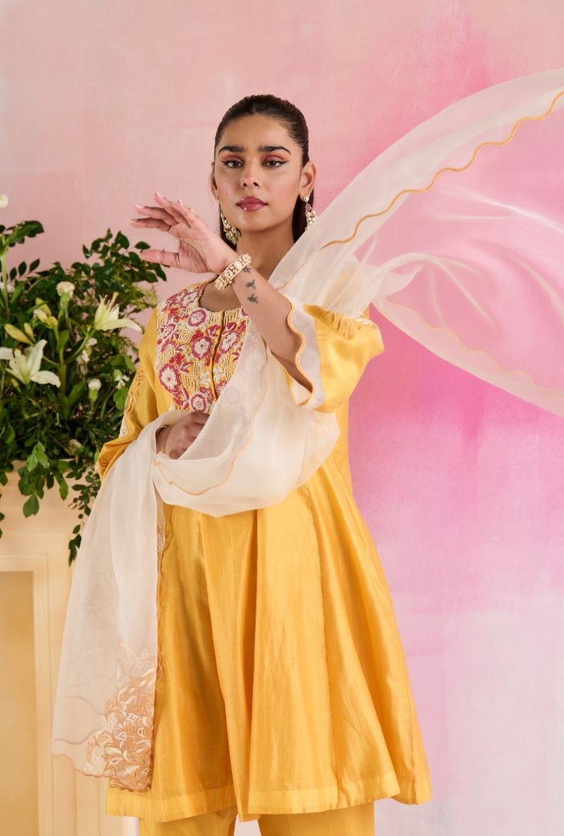 Yellow Embroidered Heavy Yoke Amara Kurta Set