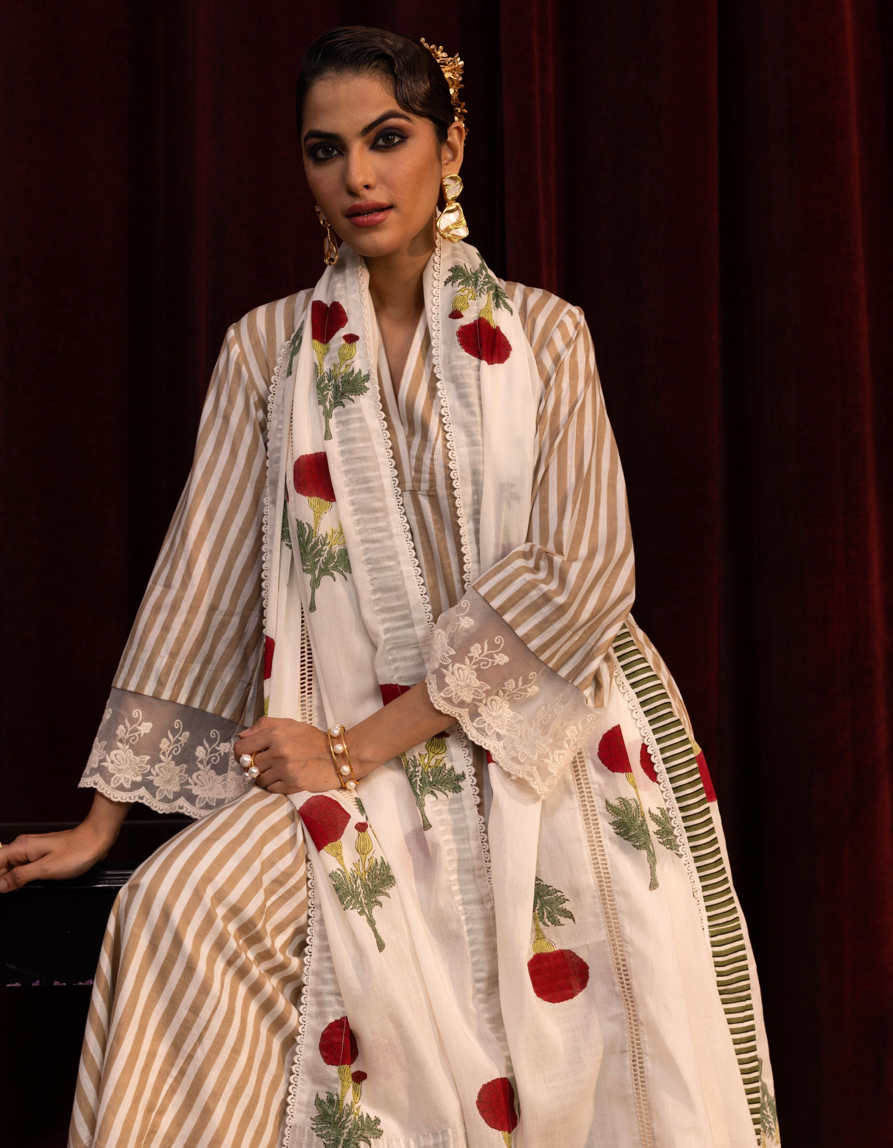 Beige and White Stripes Block Print Mogra Kurta Set