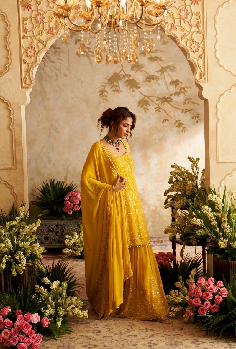 Mustard Pearl Embroidery Rumi Gharara Set