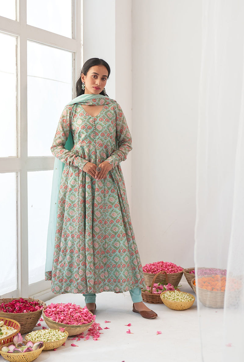 Aqua Digitally Printed Iris Anarkali Set