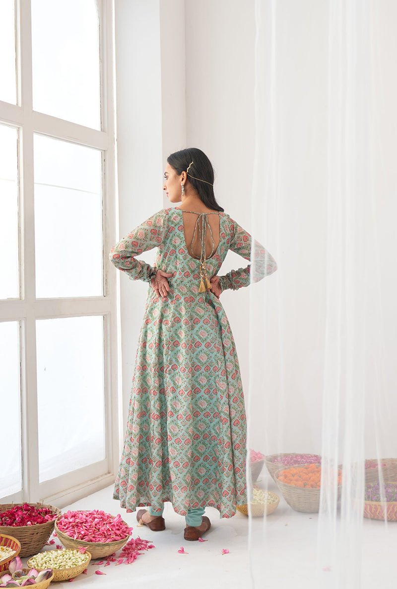 Aqua Digitally Printed Iris Anarkali Set