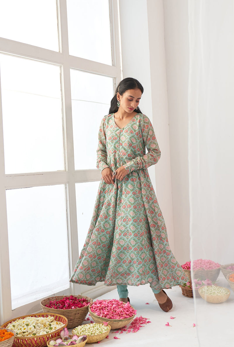 Aqua Digitally Printed Iris Anarkali Set