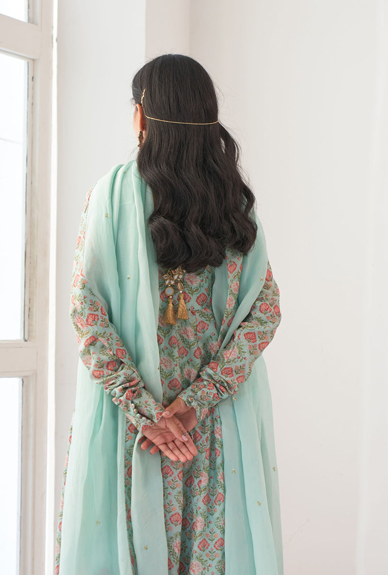 Aqua Digitally Printed Iris Anarkali Set