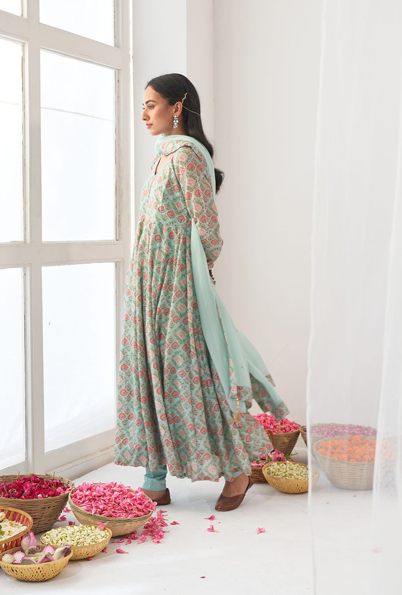 Aqua Digitally Printed Iris Anarkali Set