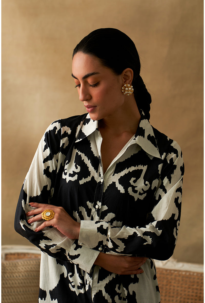 Black Ikat Print Marigold Kurta Set
