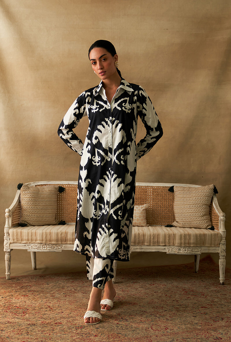 Black Ikat Print Marigold Kurta Set
