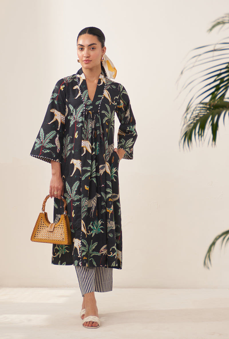 Black Tropical And Stripe Lovebirds Kurta Set