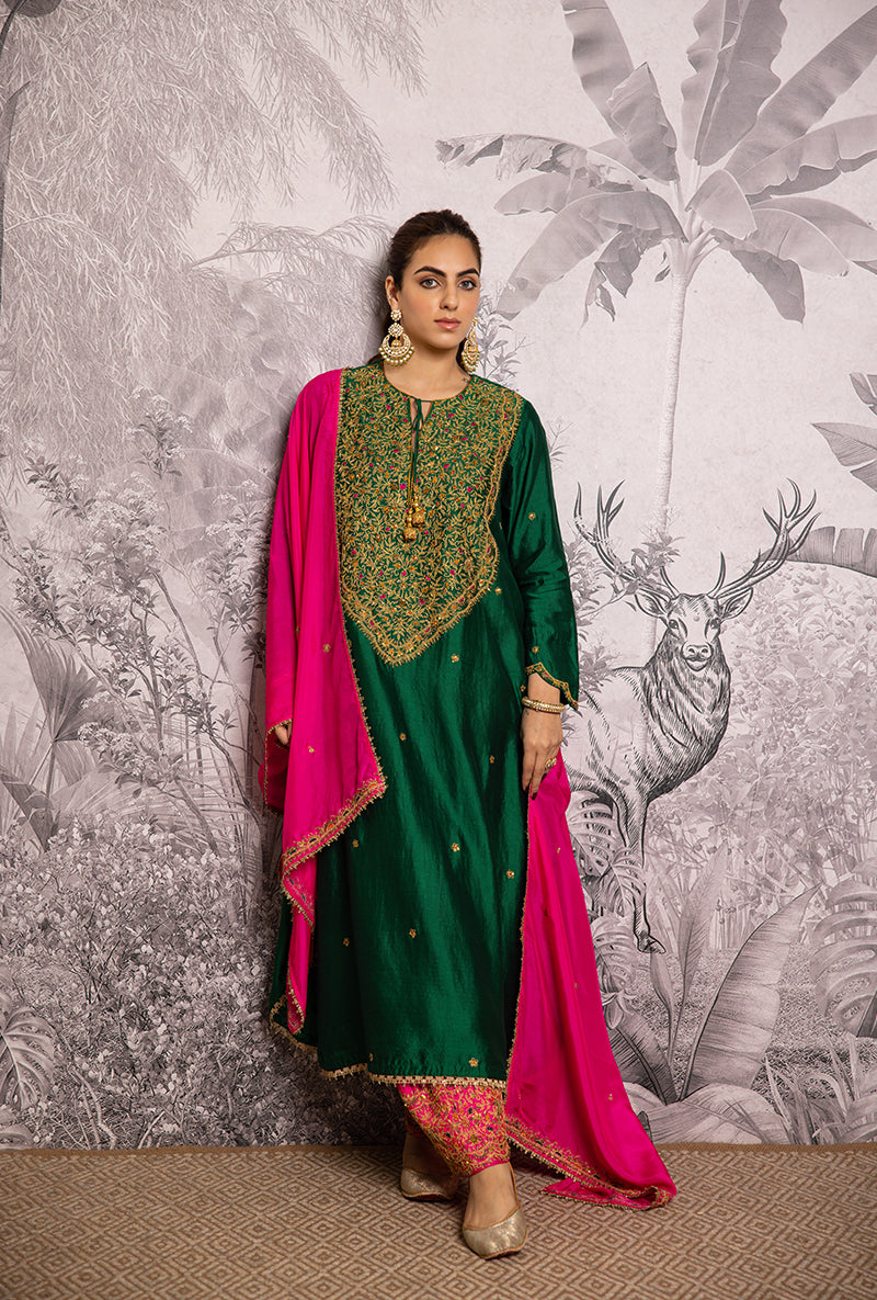 Green Bird Embroidered Long Shaheen Salwar Set