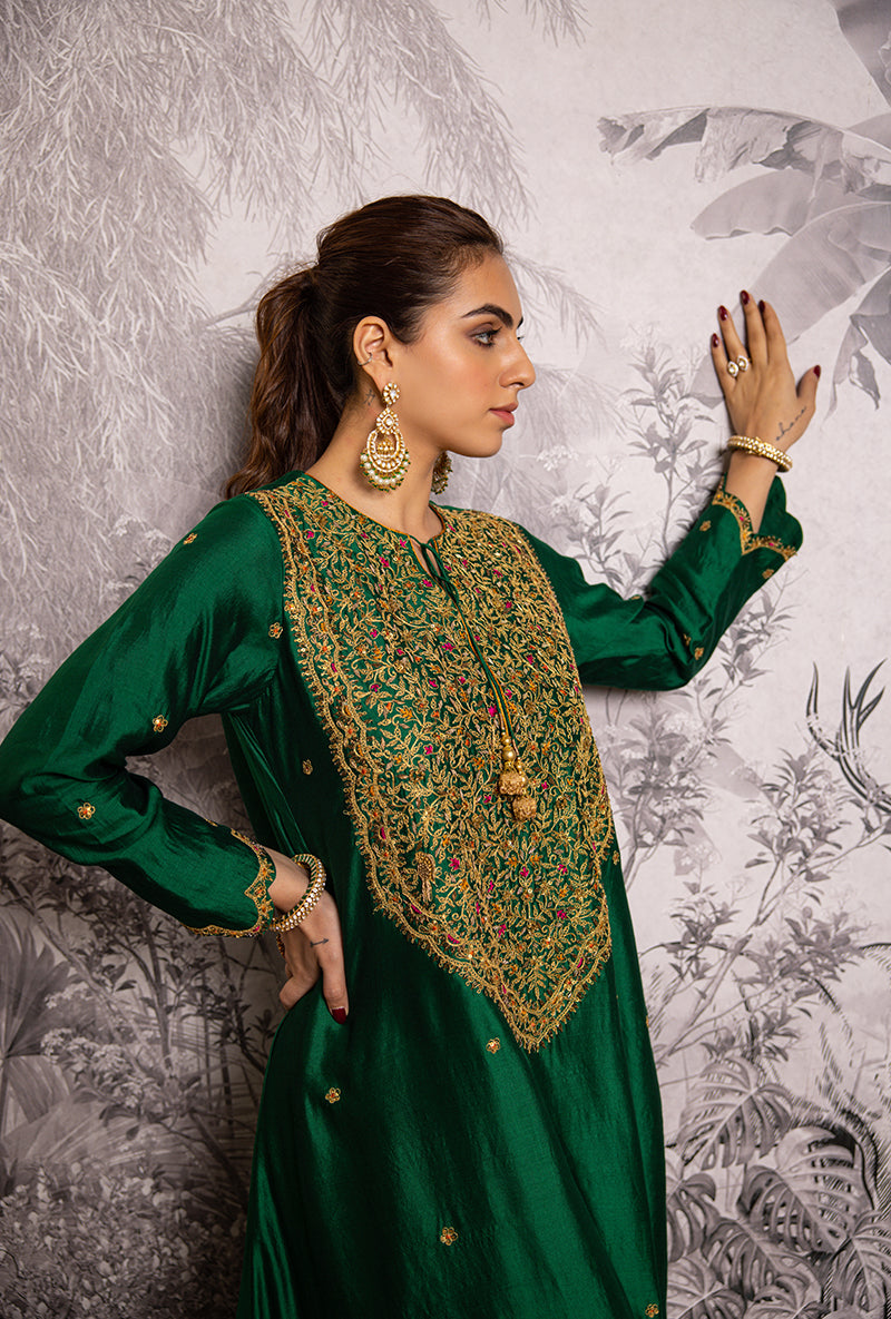 Green Bird Embroidered Long Shaheen Salwar Set