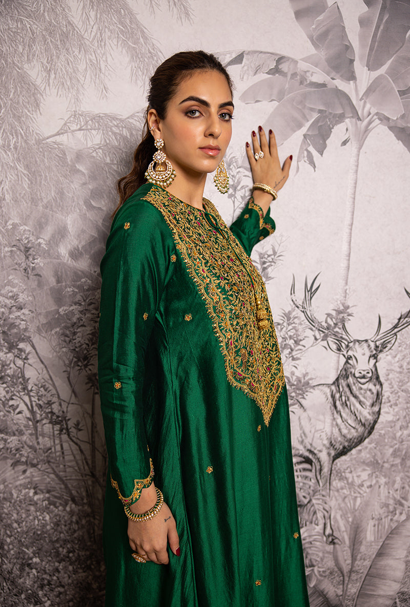 Green Bird Embroidered Long Shaheen Salwar Set