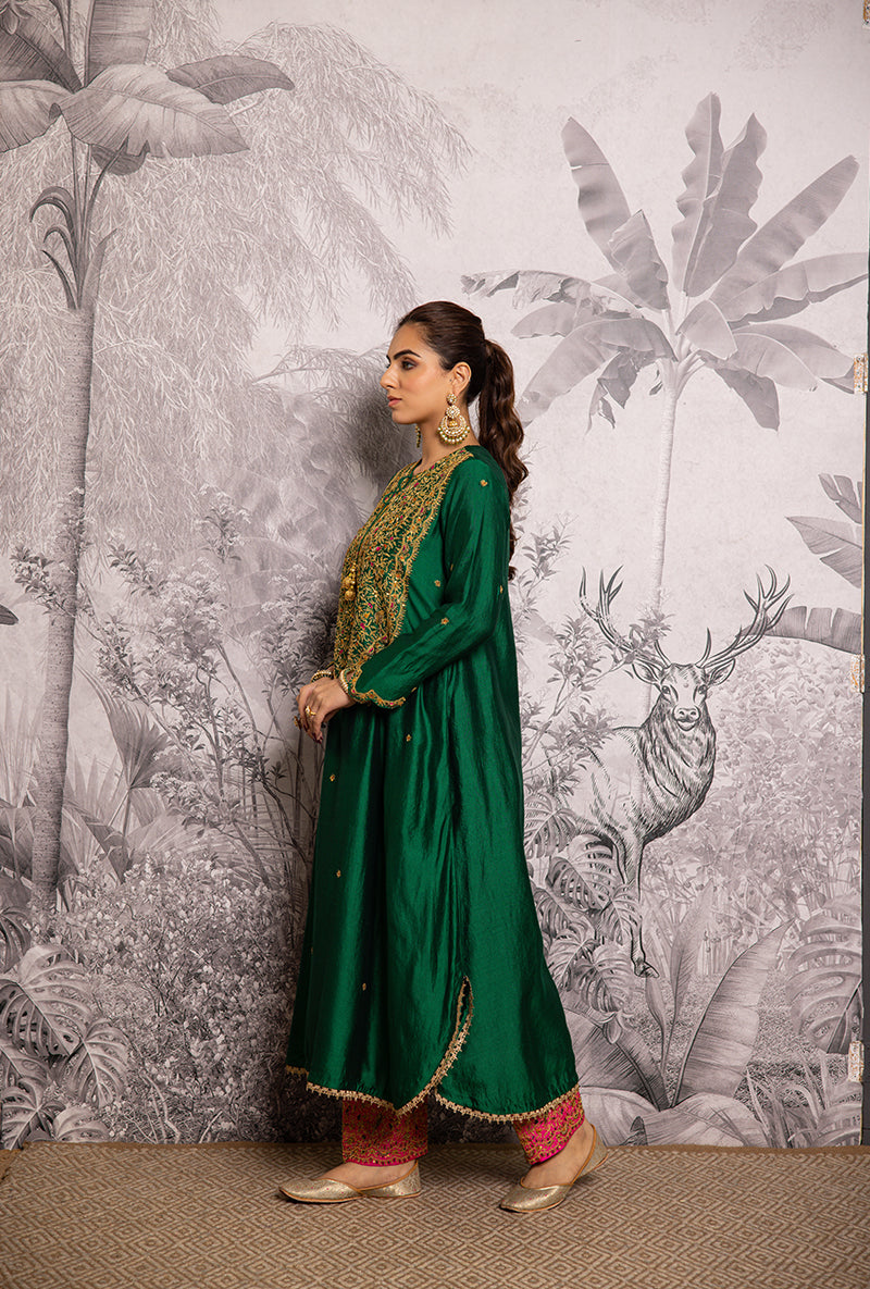 Green Bird Embroidered Long Shaheen Salwar Set