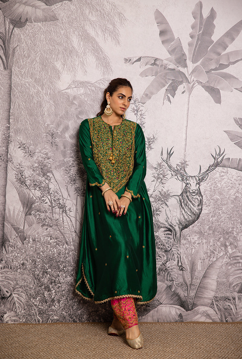 Green Bird Embroidered Long Shaheen Salwar Set