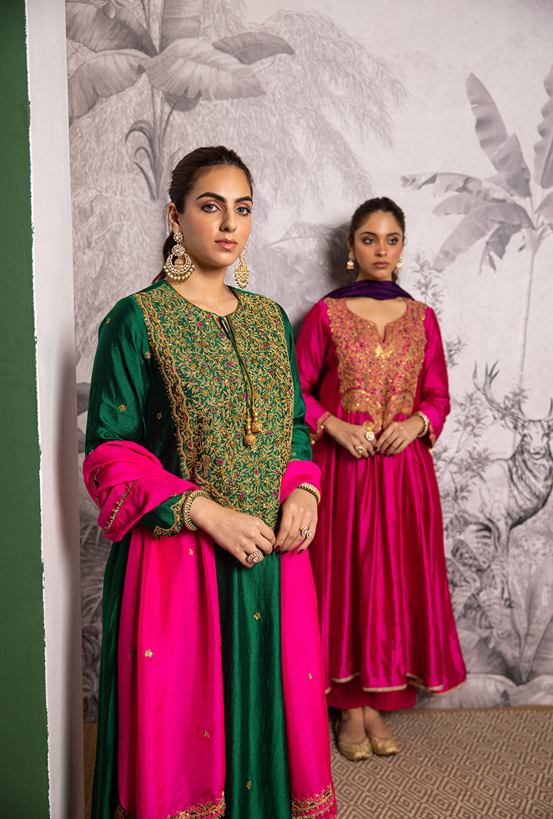 Green Bird Embroidered Long Shaheen Salwar Set