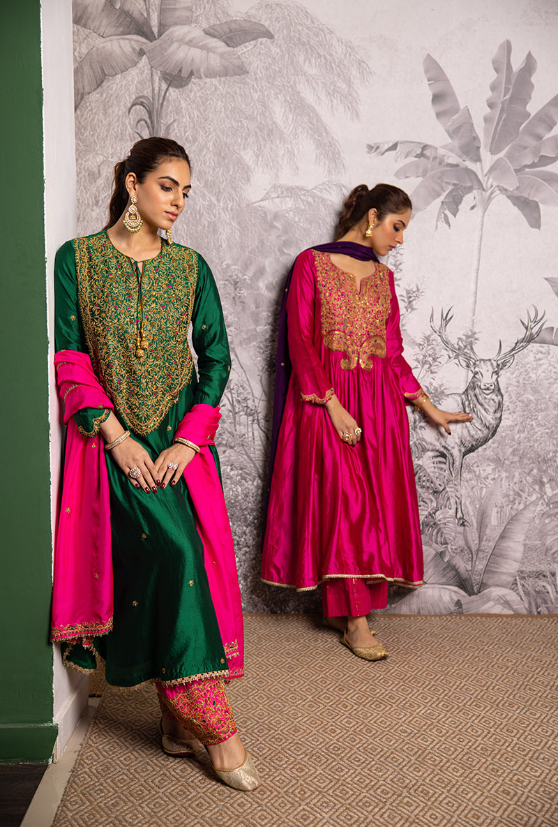 Green Bird Embroidered Long Shaheen Salwar Set