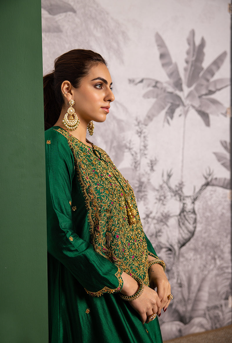Green Bird Embroidered Long Shaheen Salwar Set