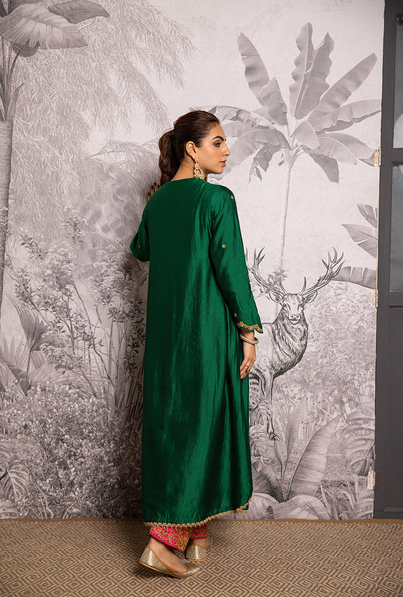 Green Bird Embroidered Long Shaheen Salwar Set