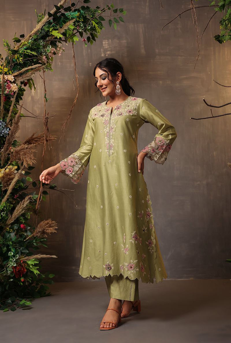 Green Applique Samah Kurta Set