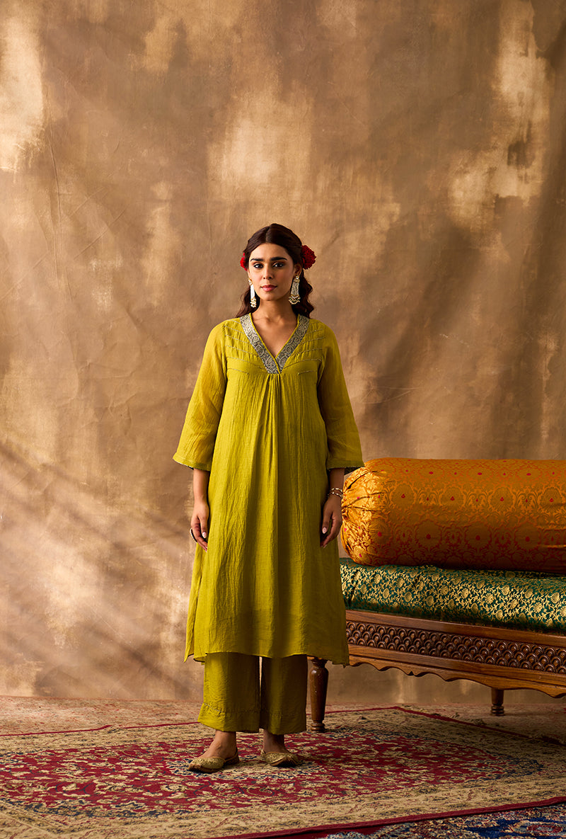 Lime Green V- Neck Brocade Khwaab Kurta Set