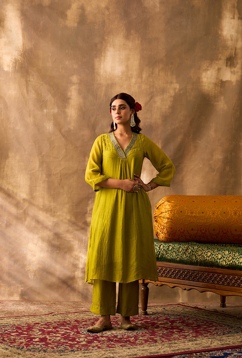 Lime Green V- Neck Brocade Khwaab Kurta Set