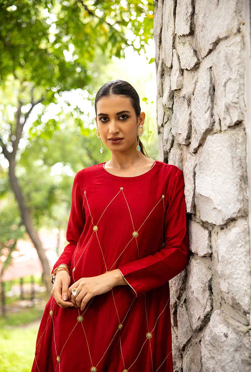 Maroon Ginni And Zari Handwork Dor Kurta Set