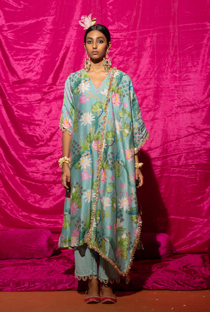 Mint Printed Long Kamli Kurta Set